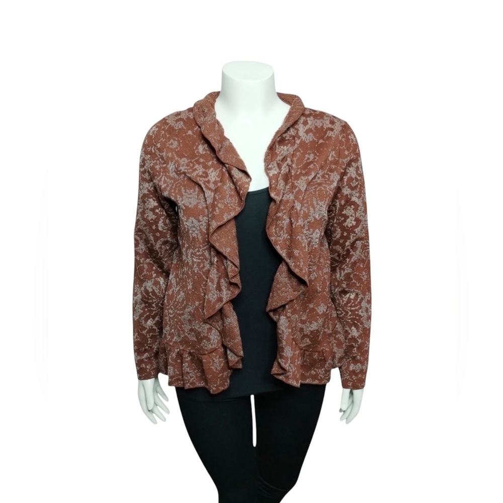 Chicos 2 Burnout Ruffle Romantic Damask Fall Feminine Cardigan Sophisticated